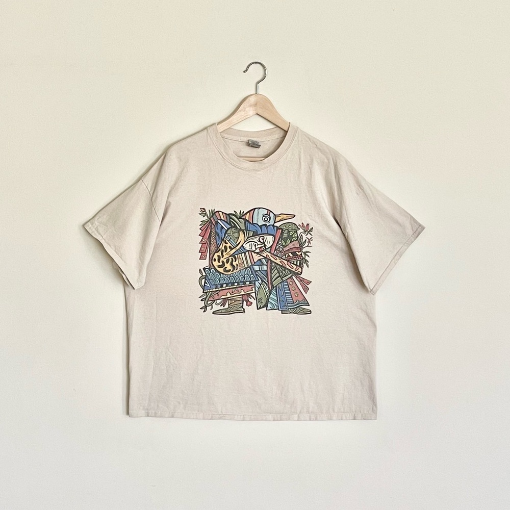 Bird Warrior Abstract Samurai Art Graphic Beige T Shirt Adult size 2XL